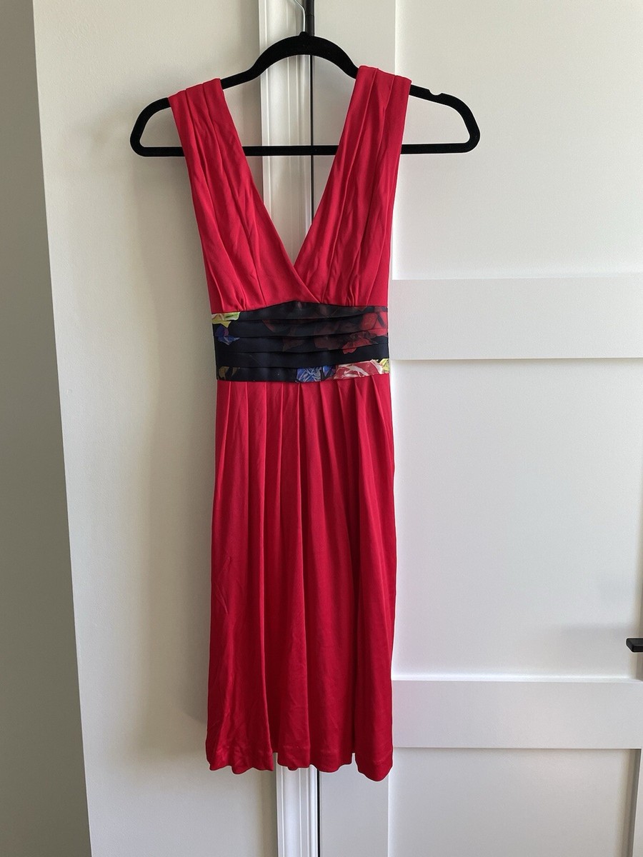 Ted Baker Dress Size (US Size 4) Red, Deep v neck, Printed sash