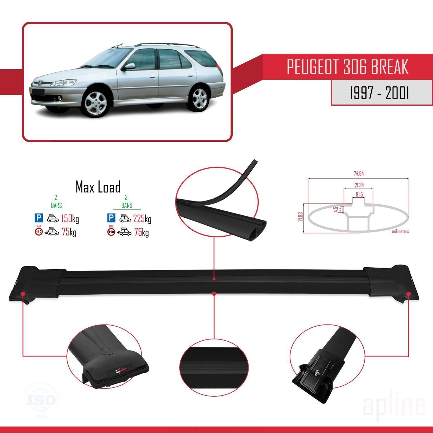 Barres de toit aluminium Peugeot 306 Estate 1997 1998 1999 2000 2001 galerie