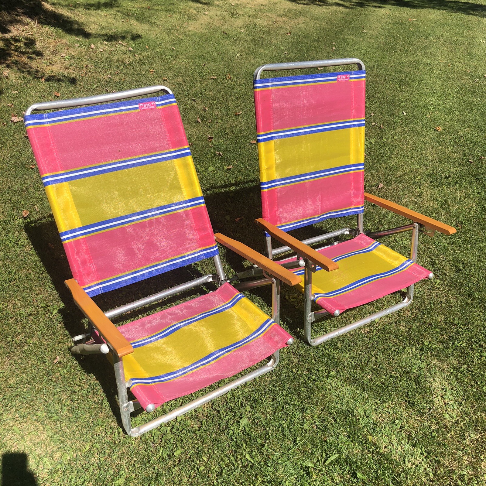 Vintage Aluminum Beach Chair Pink Wood Arm Lawn Telescope Set 2 Low For Sale Online