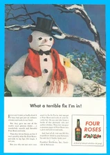 FOUR ROSES WHISKEY Louisville and Baltimore PRINT AD 1943 comic snowman WWII era