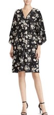 lauren ralph lauren Black Beige Floral V-Neck Kimono Sleeve Shift dress Sz S