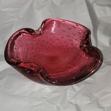 Vintage Art Glass Murano Cranberry Bullicante Controlled Bubble Ashtray Trinket