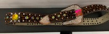 Beautiful Brown Leather Belt Large Multicolored Faux Stones Big Buckle 30 - 36