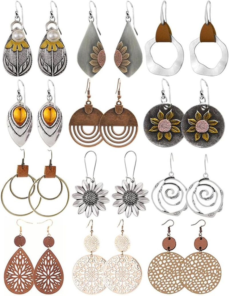 12 Pairs Boho Wooden Leather Geometric Earrings for Women Ethnic Style Vintage Design