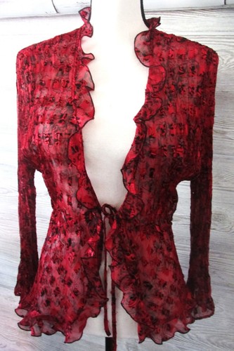 Y2k Red Black Sheer Tie Mesh Shrug XL Ruffled Dark Fairy Goth Whimsigoth Kimono - Picture 2 of 11