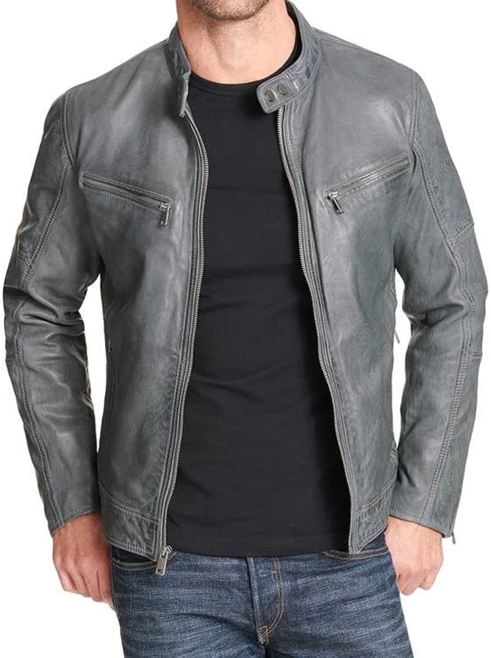 Chaqueta Café Racer Gris Cuero Genuino Para Hombre Informal Borlas Motociclista