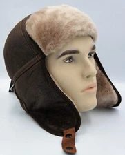 100% Real Sheepskin leather Aviator Trapper Ushanka Hunting Hat S-3X, CHESTNUT