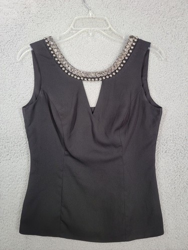 Schlüssellochausschnitt Top klein Perlen schwarz Cocktail ärmellos Bluse ausgefallen XOXO