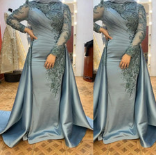 Elegant Light Blue Muslim Mother Of Bride Dresses Long Sleeves Lace Appliques