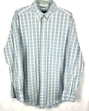 NAUTICA Men's Button Up Shirt Light Blue White Plaid 80's Two-Ply Cotton Size L