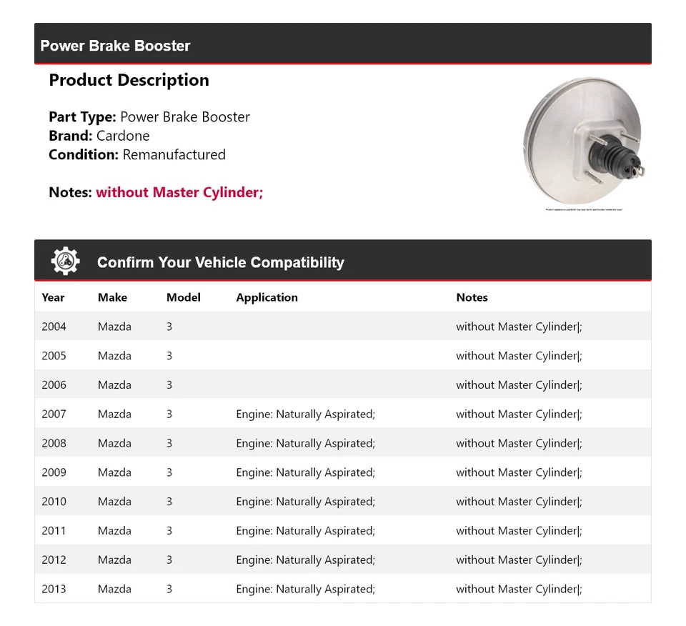 For 2004-2013 Mazda 3 Power Brake Booster Cardone 2005 2006 2007 2008 2009 2010 - Image 2 of 4