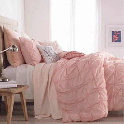New Check Smocked Duvet Cover by Peri Home Blush Size Full/Queen