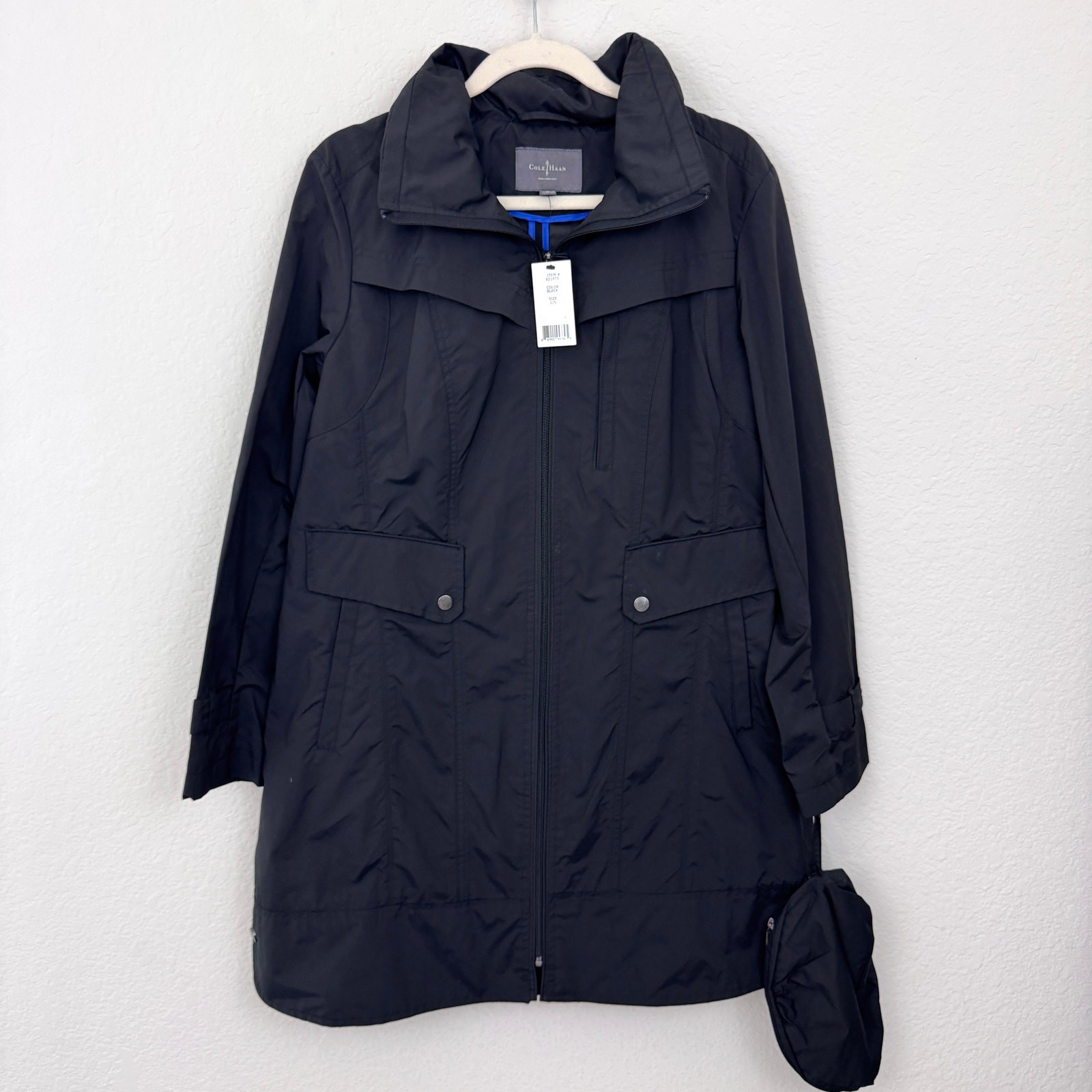 Cole Haan Womens Packable Rain Coat Jacket Size L Hooded Long Lightweight Black