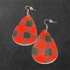 Buffalo Plaid Teardrop Earrings Red Black Faux Leather Holiday Dangle