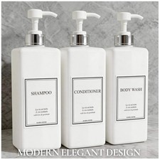 Bathroom Soap Pump Bottles - Set of 3 with Waterproof Labels