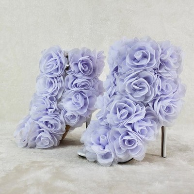 Beauty 3D Flowers Floral  High Heel Elegant Xoanna Ankle Boots Lilac White