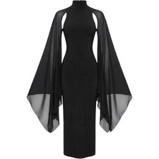 Black Cape Sleeve Cut Out Mock Neck Maxi Dress Slit Evening Gown Large