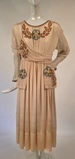 ANTIQUE EDWARDIAN BEAUTIFUL FLORAL HAND EMBROIDERED SILK CHIFFON DRESS W SASH