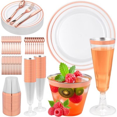 150PCS Rose Gold Plastic Plates Set for 25 Guests, 7.5'' Small Disposable Dess...