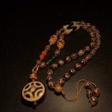 Tibetan Old Agate Dzi Ancient Coins&Tiger Teeth Bead Amulet Necklace J0205