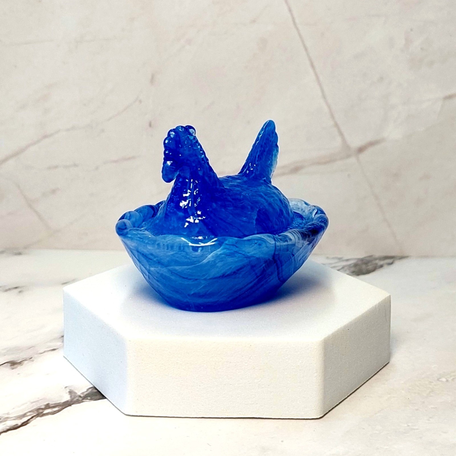 Blue Cream Swirl Hen on Nest Chicken Salt Dish, Depression Style Glass, Vintage