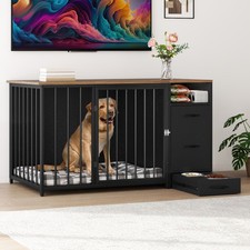 Dog Feeding Station with Storage Dog Food Cabinet with 2 Feeder Bowls Black