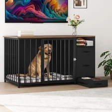 Dog Feeding Station with Storage Dog Food Cabinet with 2 Feeder Bowls Black