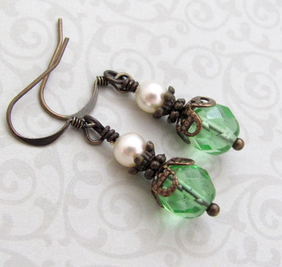 #ad Green Earrings Antiqued Brass Dainty using Swarovski Crystal Affordable Holiday $10.79