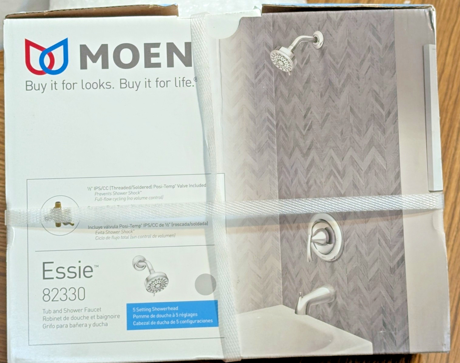 MOEN 82330 Chrome Essie Single-Handle 5-Spray Tub & Shower Trim & Valve.  $129