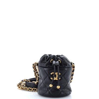 Chanel Twist Your Buttons Drawstring Bucket Bag Quilted Caviar Mini