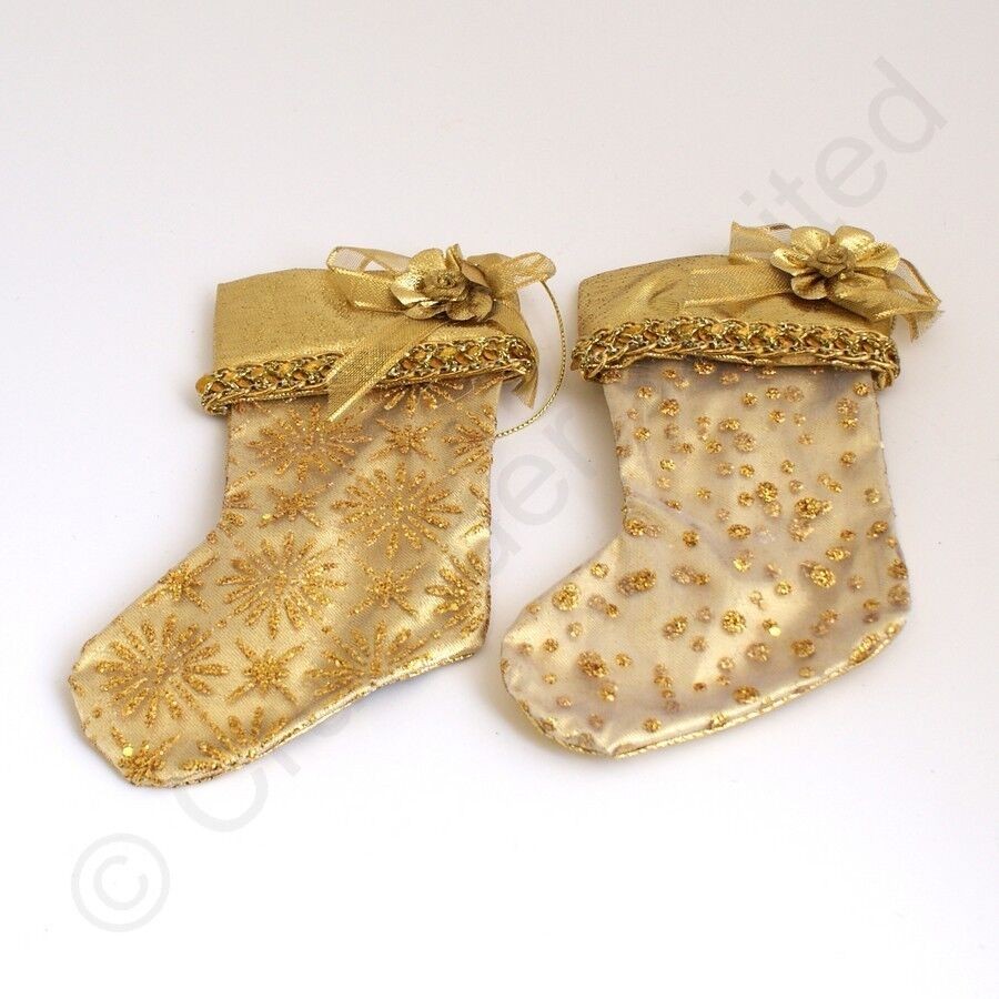 Christmas Tree Hanging Decorations - Gold Fabric Stocking Pack of 2 Assorted