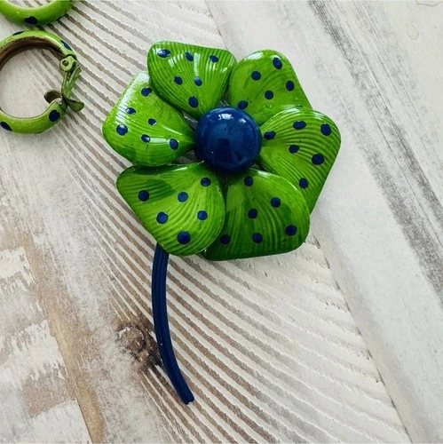 Bakelite Vintage Green & Blue Enamel Flower Brooch and Earrings Jewelry Set