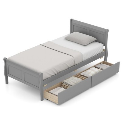Twin Size Sleigh Bed with 2 Storage Drawers, Headboard & Footboard, Wooden Slat