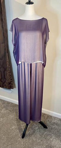 Vintage Designer Zoran 100% Silk 2 Pc Evening Pant Set, Purple Chiffon & Ivory