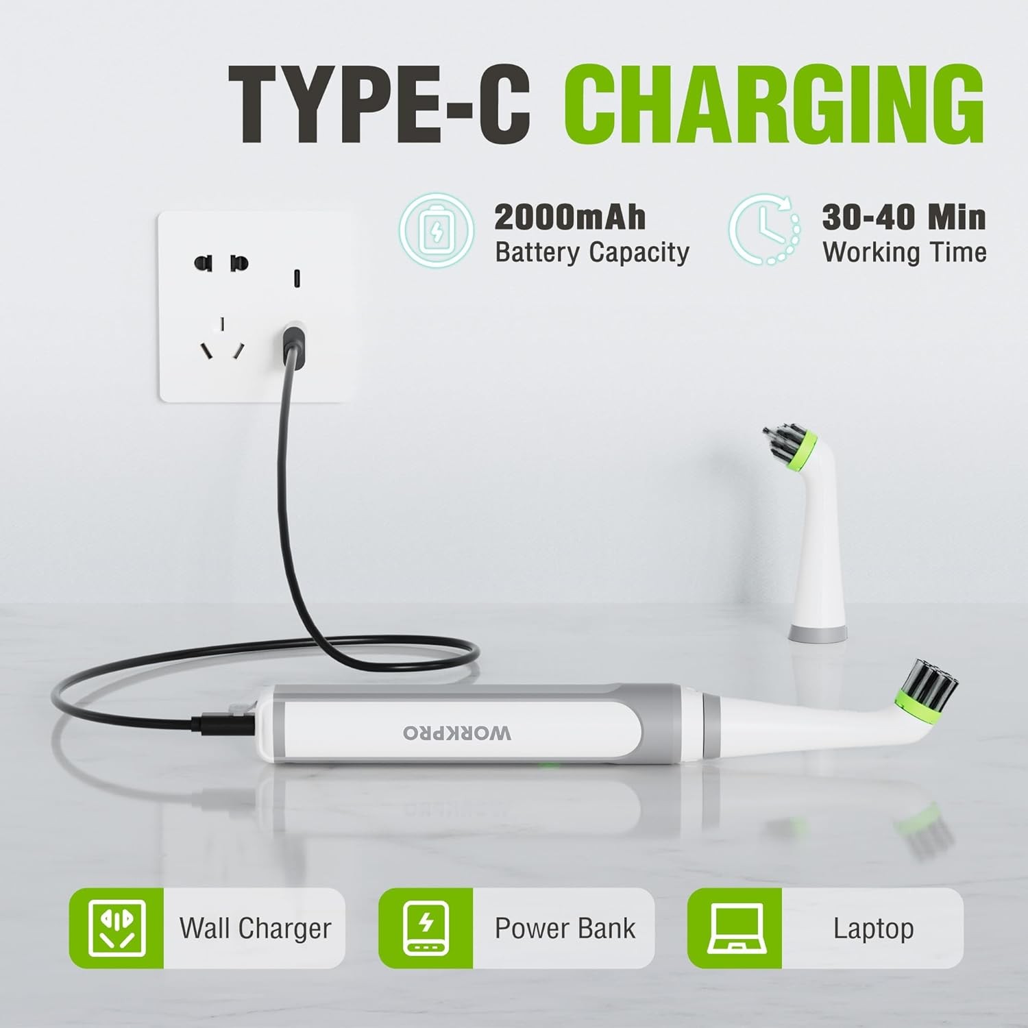 WORKPRO Cordless Grout Brush Set IPX6 Waterproof Electric Scrubber with Type-C