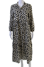 Zara Women Shirt Dress Beige Collared Long Sleeve Geometric Cotton Size M