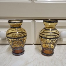 Vintage pair of Italian Venetian Amber Glass Vases With Silver Overlay