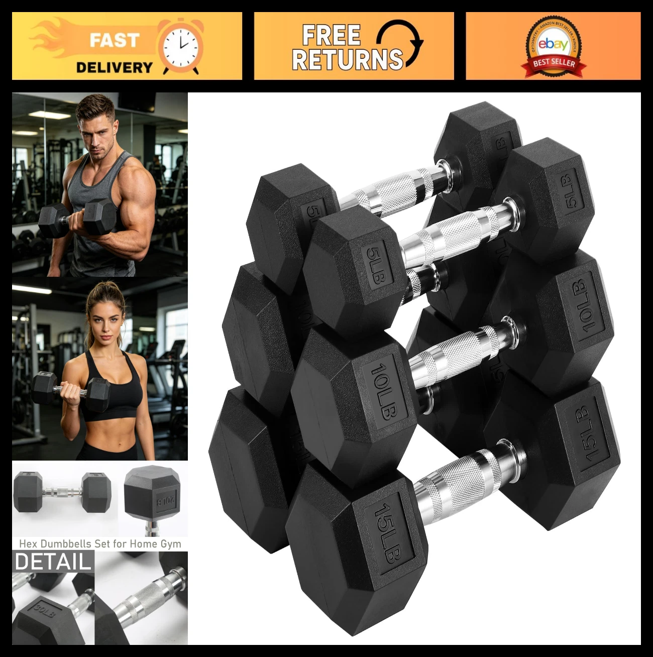 Hex Dumbbell Set for Home Gym - 100LB Total, Non-Slip Grip, Anti-Roll Design, Ve