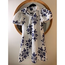 MSK Shift Dress Womens Small White Blue Excellent Puff Sleeve Medallion Floral
