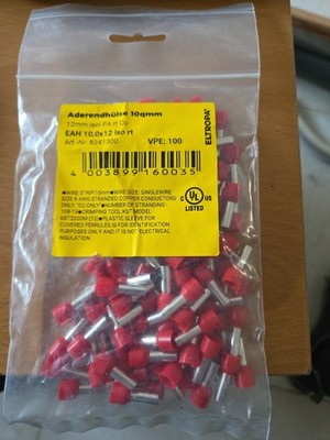 100x Aderendhülse 10mm² 12mm isoliert Polyamid (PA) rot Kupfer verzinnt 10,0x12