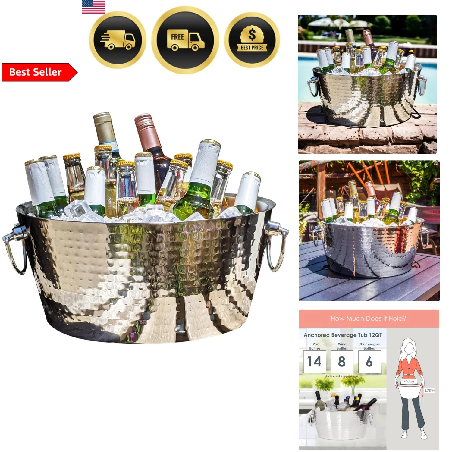 Stainless Steel Beverage Tub Ice Bucket Drink Chiller Party Cooler 12 Quarts