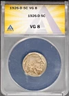 1926-D 5c Indian Head Buffalo Nickel VG 8 ANACS # 7696541 + Bonus