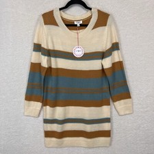 Umgee Sweater Dress Women’s L Beige Brown Teal Striped Dress Long Sleeve NWT
