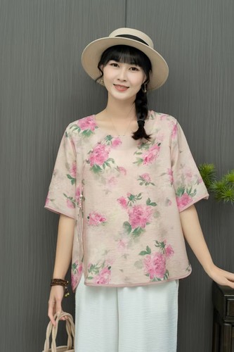 Womens Retro floral Printed Cotton Linen Tops Shirt Round Neck Short Sleeves New - Picture 29 of 44