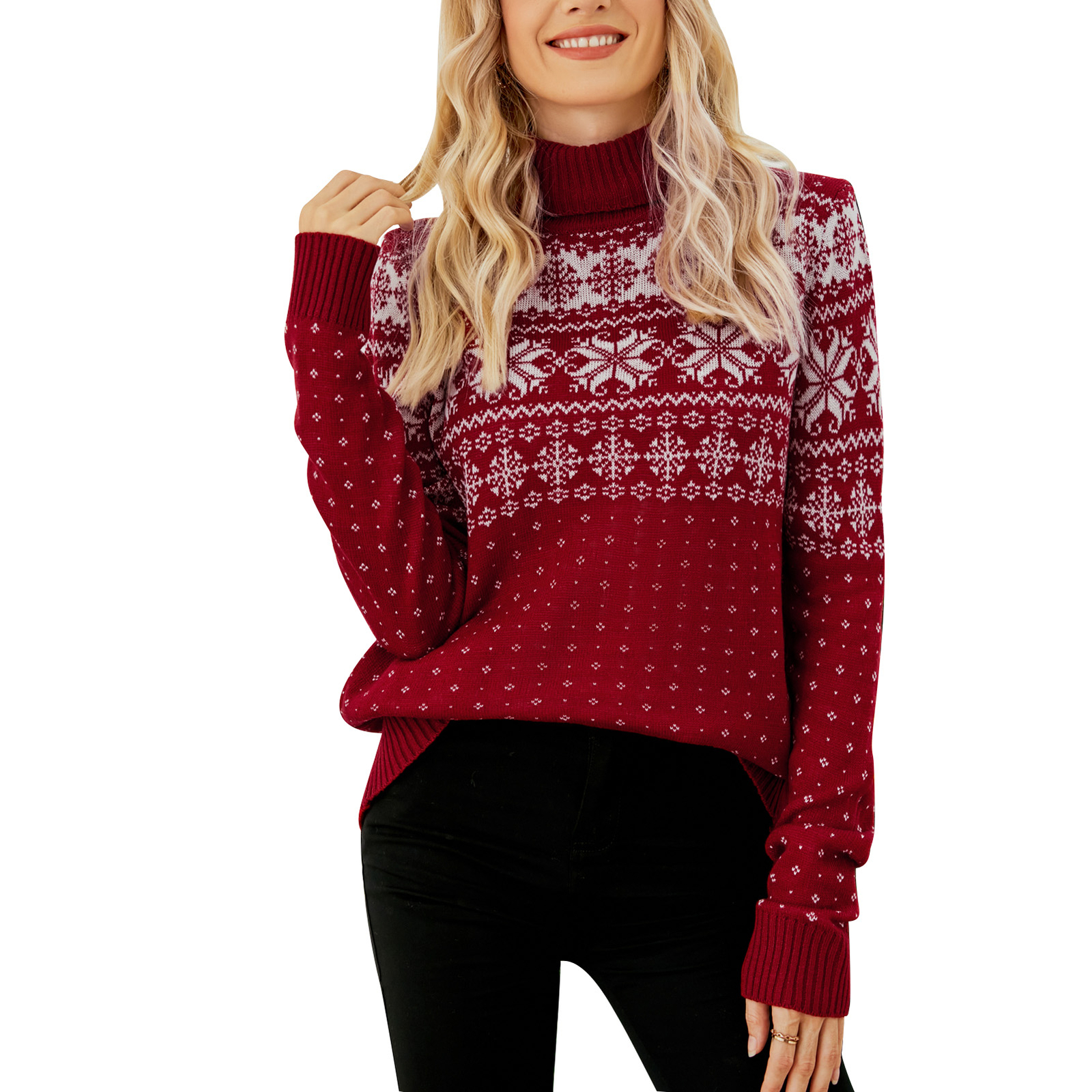 Red M)Women Knit Sweater High Collar Long Sleeves Snowflake Patterns GSA |  eBay