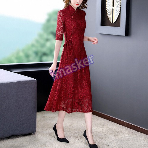 Womens QI Pao Dress Champagne Lace Red Wedding Dress Half Sleeves Party Dress - Picture 23 of 25