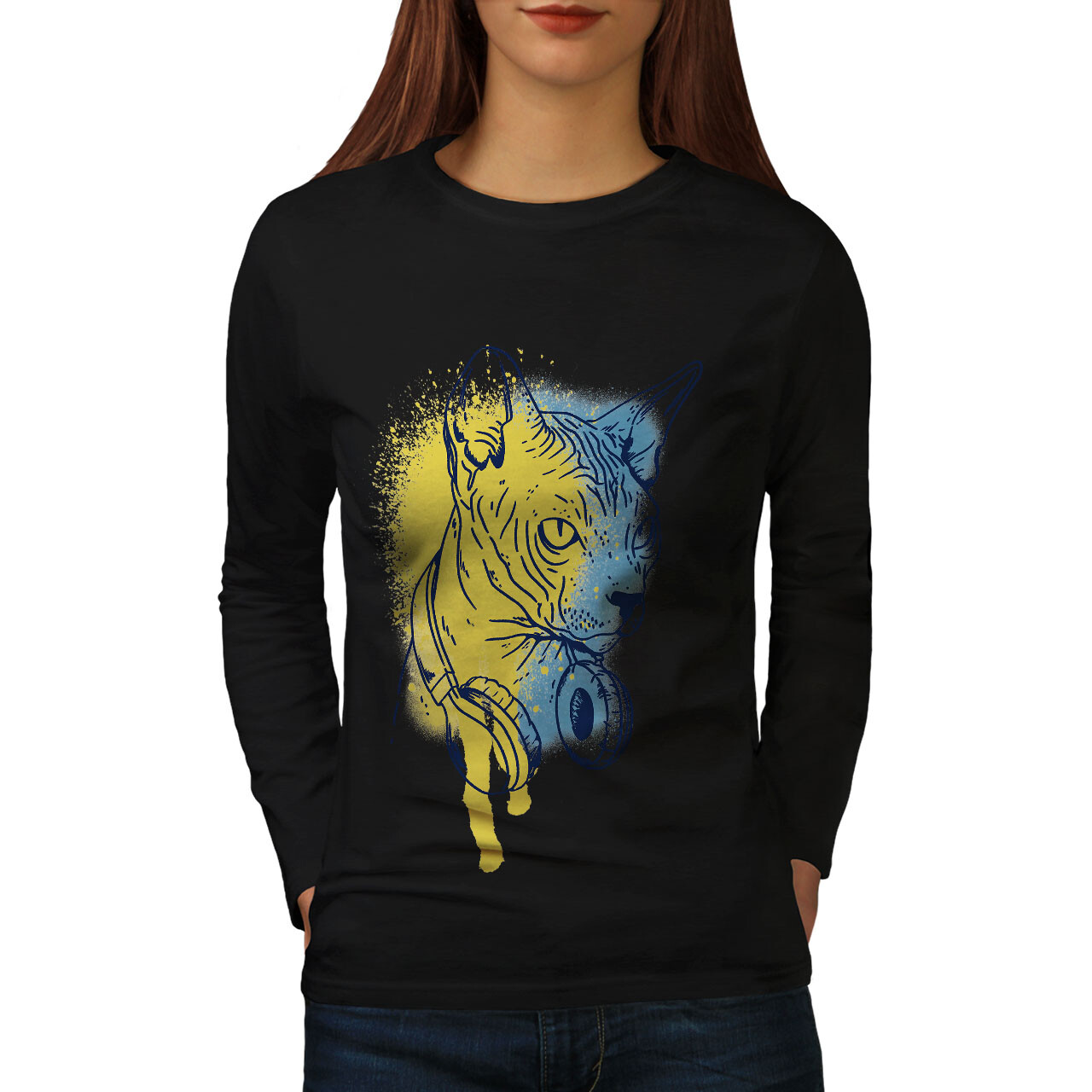 Wellcoda Cool Sphynx Cat With Headphones Music Womens Long Sleeve T-shirt