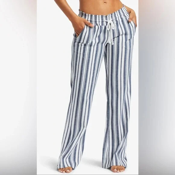 Roxy Oceanside Linen Blend Flared Pants Mood Indigo Paradise NWOT Size L