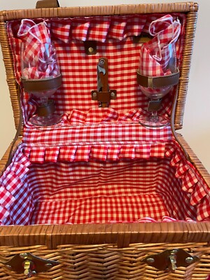 NEW Brown Wicker Picnic Time Picnic Basket w Red & White check w wine glasses