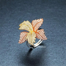 Beautiful Rose Yellow Gold Over 925 Real Silver Leaf Ring With 4.60ct Round CZ